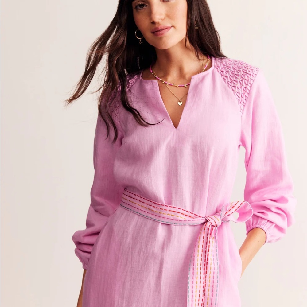 Boden Pink Linen Dress with Belt
